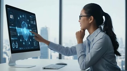 A focused businesswoman analyzes data on a large desktop computer screen, showcasing modern technology and digital information. - Powered by Adobe