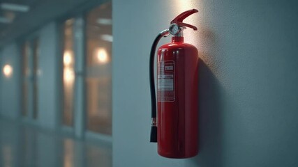 Red Fire Extinguisher Mounted on Wall in Modern Office Environment for Safety and Emergency Preparedness