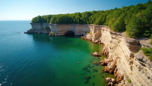 Lake Superior coastline with tranquil beach scene, light brown rocks, dark brown cliffs, clear blue ocean. Scenic landscape of Pictured Rocks National Lakeshore in Michigan. Few people on shoreline