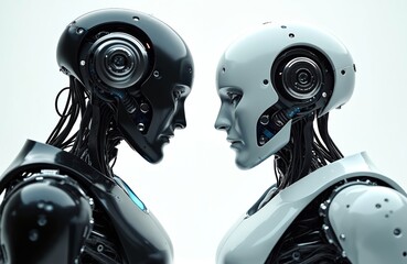 Futuristic robot heads side by side with closed eyes, serene, thoughtful gaze. Black robot, white robot face, contrast between. Head eye, nose, mouth, metallic design, futuristic tech, sci-fi concept.