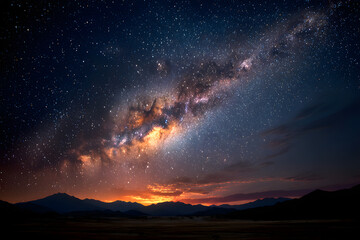 Fototapeta premium Vast night sky filled with countless bright stars and the Milky Way stretching across with a warm glowing horizon beneath