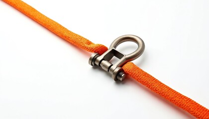 Gray rope with silver hook on isolated white background. Hook attached to rope creates balance. Gray rope extends horizontally across image, conveying movement. Gray rope, silver hook contrast.