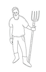 Line art vector of a farmer with pitchfork. Simple outline illustration perfect for agriculture designs, rural themes, farming logos, and educational materials.