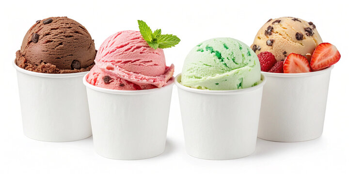 Vanilla, Strawberry, Chocolate, Mint Chocolate Chip ice cream transparent PNG set bundle, isolated background. White paper cup mockup, parlour shop menu dessert, vibrant colorful classic flavour