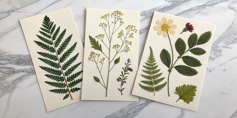Pressed Botanical Cards on Marble Background
