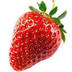 Single, vibrant red strawberry, glossy skin, tiny seeds, green stem