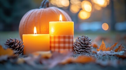 Cozy Autumn Scene With Candles Pinecones And Pumpkin