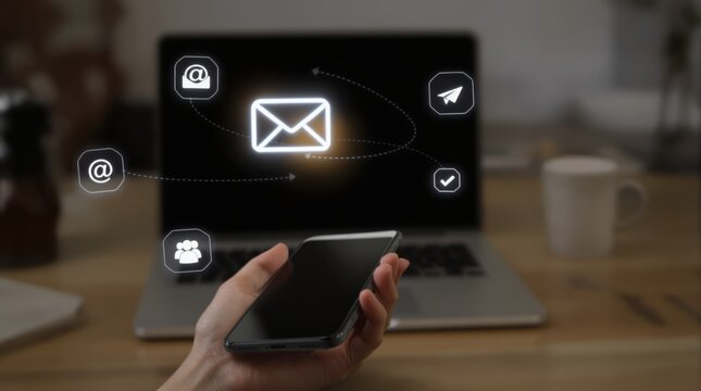Email Communication Concept: Laptop, Smartphone, and Digital Icons.