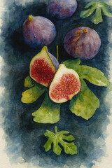Watercolor Style Fig Fruit Illustration with Leaves - AI-generated illustration based on my original photo