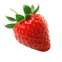 Close-up of a single, fresh strawberry.  Bright red, glossy skin with tiny seeds.  Green leaves at the top