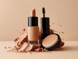 Elegant still life of foundation mascara and compact powder for beauty product marketing editorial or advertising cosmetic promotions
