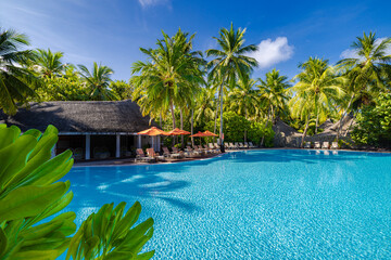 Stunning sunny tropical resort in Maldives swimming pool, palm leaves, loungers umbrella under blue...
