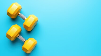 Bright Yellow Dumbbells On Blue Background