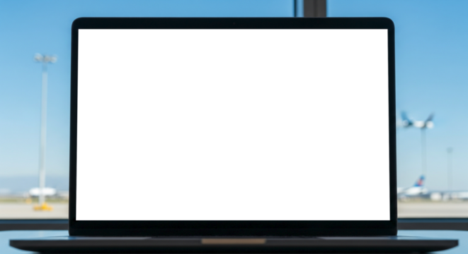 A laptop with a transparent PNG screen in airport lounge - Powered by Adobe