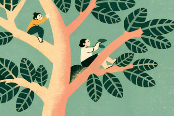 巨木の枝に座る2人の女性
