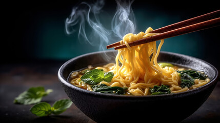 A bowl of noodles with chopsticks in it