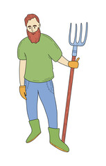 Colorful vector illustration of a farmer with pitchfork in gloves and boots. Cartoon rural worker in modern flat style for agriculture designs, farm logos, stickers, prints.