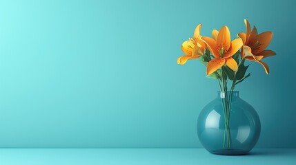 Bright Orange Lilies In Blue Round Vase