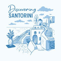 Discovering santorini greek island cliff house t-shirt illustration