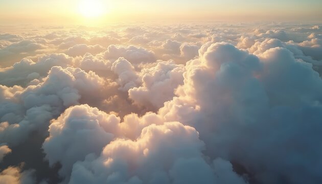 Bird eye view of blue sky with white fluffy clouds from plane. Setting sun creates warm yellow light, peaceful horizon line, serene atmosphere. Tranquil colors, blue, yellow, create sense of calm.