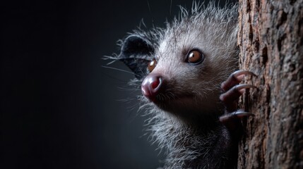 Close-up of Aye-Aye Fingers Exploring Tree Bark in Moody Lighting, Showcasing Unique Features and Natural Habitat in Low Light