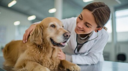 Happy Veterinarian Examines Golden Retriever with Care in a Bright Clinic Setting