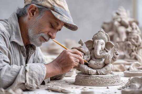 indian man making lord ganesha statue