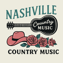 Nashville country music guitar and hat western floral t-shirt design