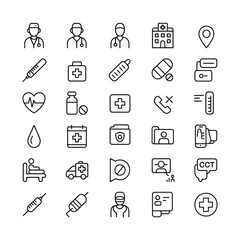 Fototapeta premium Thirty Six Black Linear Medical Icons White Background Doctors Hospital Syringe Pills Blood Drop Thermometer Bandage Medical Records Patient Profile