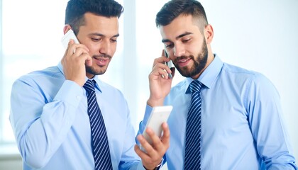 Two men in light blue shirts talking on cell phones