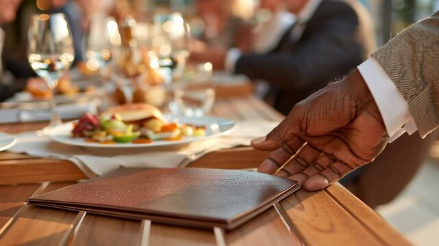 A close-up of a hand presenting a bill folder to a customer at a restaurant table, signifying completion of dining experience, professional, warm light, ultra-detailed,