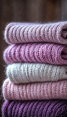 Stacked colorful knitted sweaters showcasing different textures and shades
