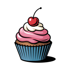stylized cupcake with pink frosting and cherry vector art