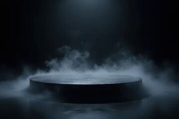 Dark circular platform enveloped in swirling, ethereal smoke, set against a deep black backdrop