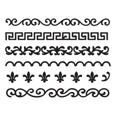 Collection of six black decorative borders and dividers on a white background