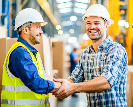 Two smiling workers shaking hands in a warehouse setting