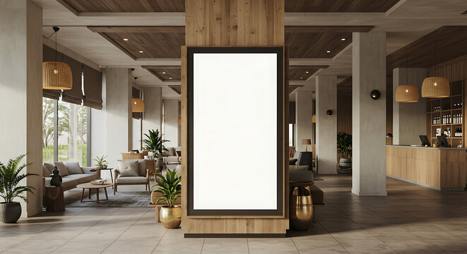 Modern indoor vertical billboard mockup in a cozy cafe interior with warm lights, plants, and wooden decor