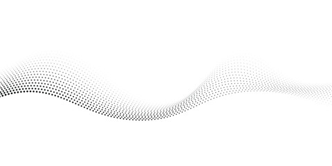 Flowing dots particles wave pattern halftone gradient curve shape isolated on white background.