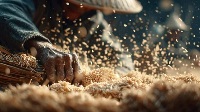 A farmer using traditional methods to thresh rice, separating grain from husk, dynamic movement, natural light, hardworking, ultra-detailed,