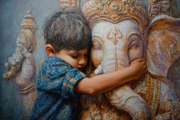 indian little boy praying with lord ganesha statue