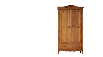 A classic wooden wardrobe with two paneled doors and a drawer at the bottom, featuring a natural wood finish and simple metal handles.