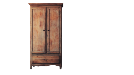 A tall wooden wardrobe with two doors and a drawer at the bottom, featuring a rustic, worn finish.