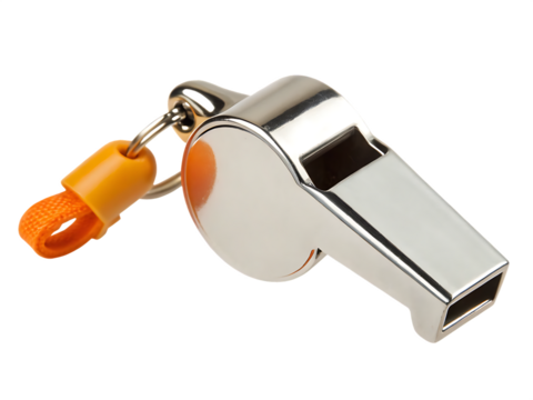 Silver whistle with orange lanyard isolated on a transparent background