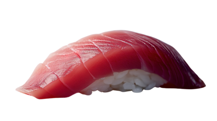 A piece of fresh tuna nigiri sushi with a slice of raw tuna placed over a small mound of vinegared rice.