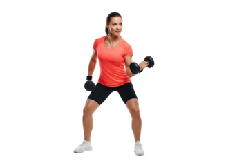 Strong Woman Doing Bicep Curls with Dumbbells, Fitness Workout, isolated on transparent background