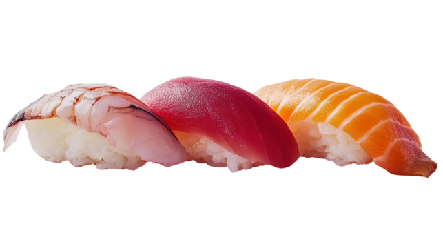 Three pieces of nigiri sushi topped with shrimp, tuna, and salmon, showcasing fresh seafood on compacted rice.