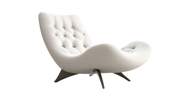 A modern, white, tufted lounge chair with a curved design and wooden legs.