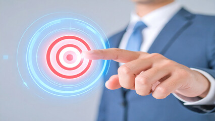Business hand touching digital screen with red target icon