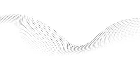 Flowing dots particles wave pattern halftone gradient curve shape isolated on white background. Vector in concept of technology, science, music, modern.