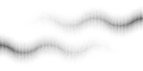 Black dotted wave line pattern. Halftone undulate net background. Abstract stipple particle flow wallpaper. Curved dashed gradient element for poser, banner, presentation, booklet, flyer. Vector © MOH